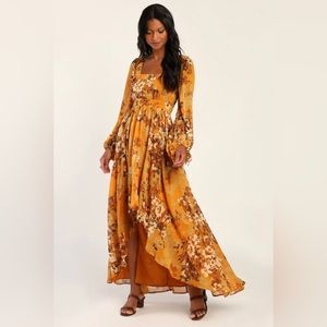 Lulus Gorgeous Vibe Yellow Floral Print High-Low Maxi Dress - NWT